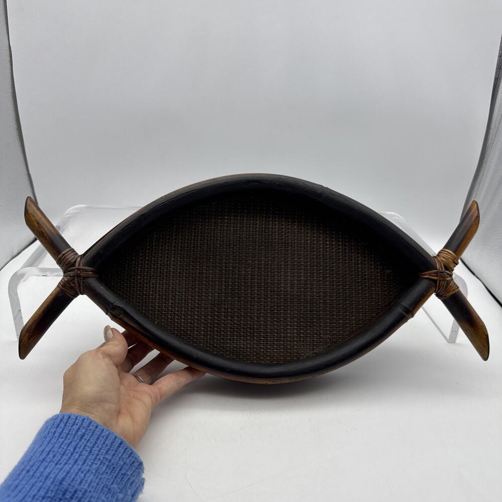 Bohemian Bamboo Rattan Reed Tray Burnt Wood Mid-Century Modern 17 3/4”x8”